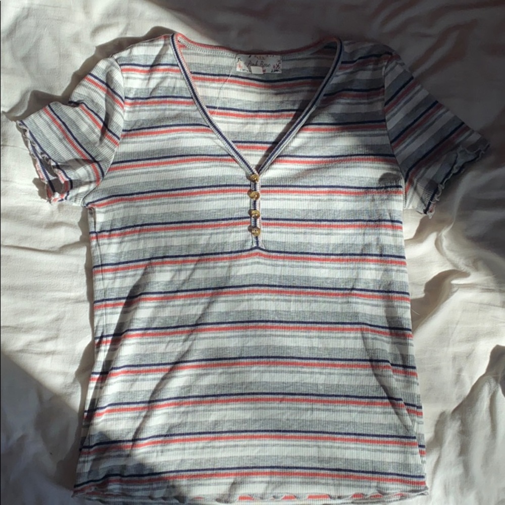 Blue, Pink , White and Grey Striped T-Shirt